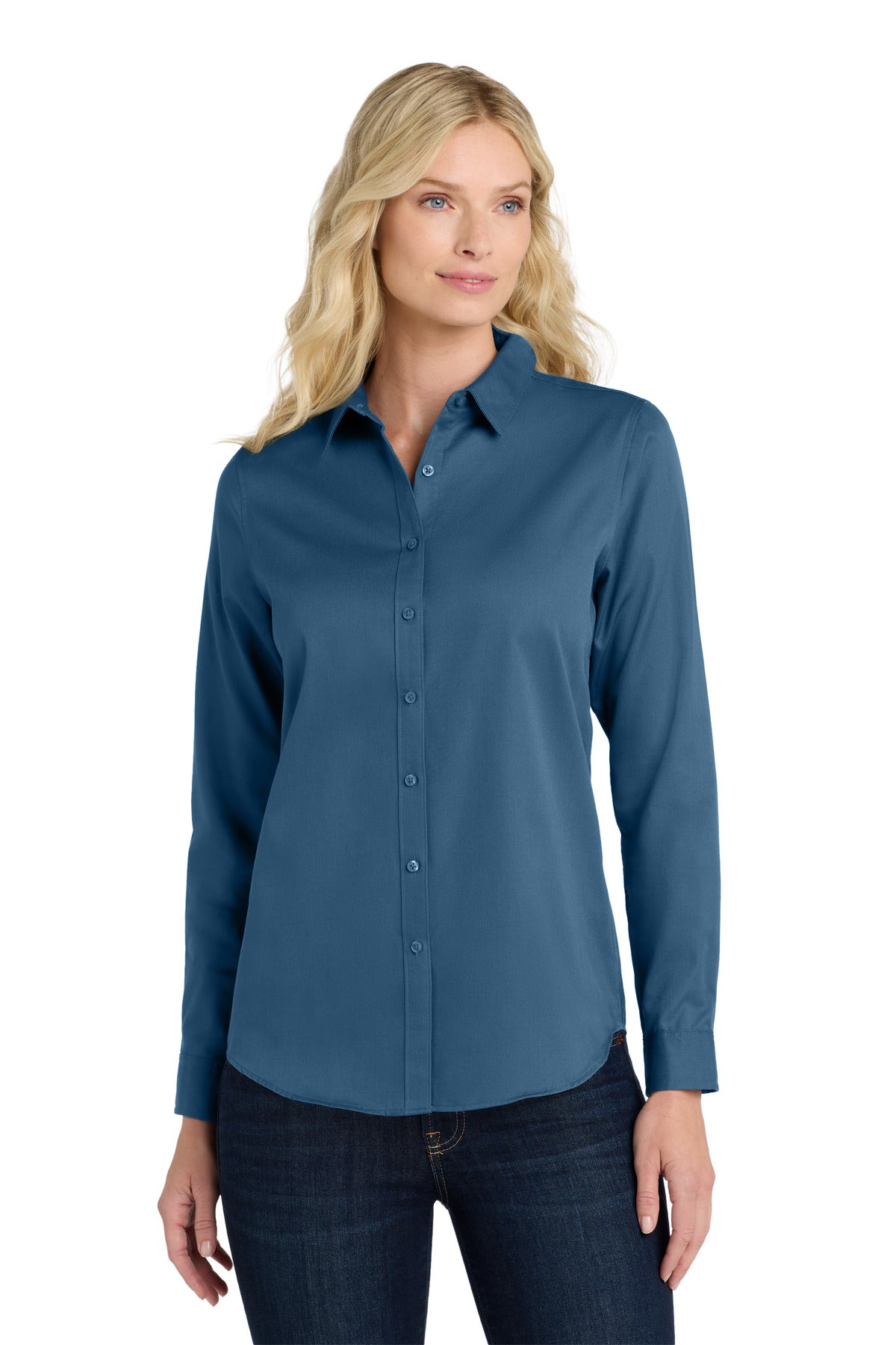 Front View of RgttaBlue Port Authority Women's Long Sleeve SuperPro React Twill Shirt. LW808