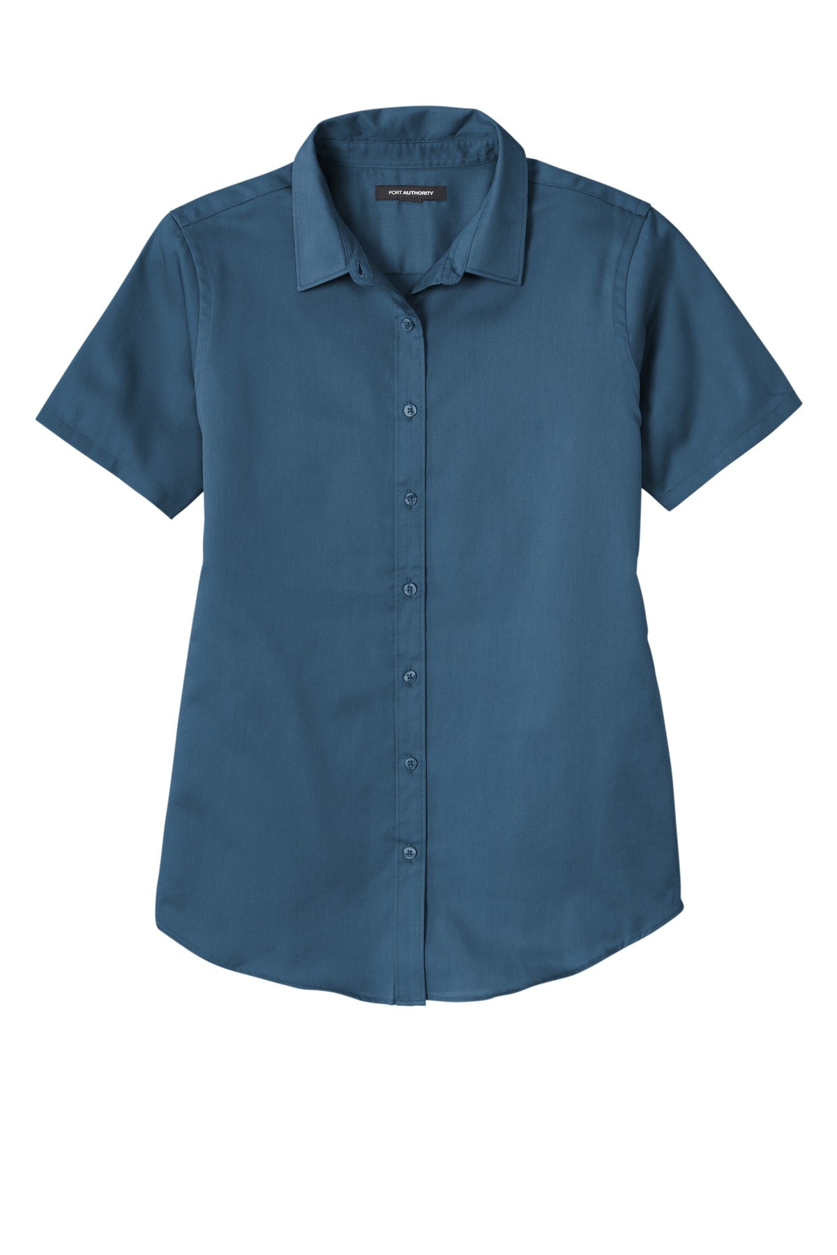 Front View of RgttaBlue Port Authority Women's Short Sleeve SuperPro React Twill Shirt. LW809