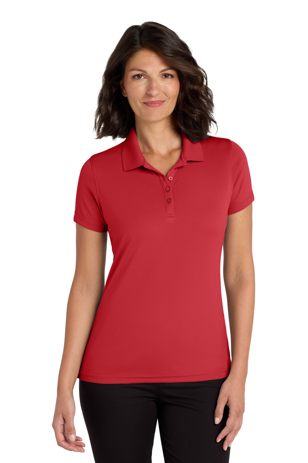 Front View of Rich Red Port Authority Women's Dry Zone UV Micro-Mesh Polo. LK110