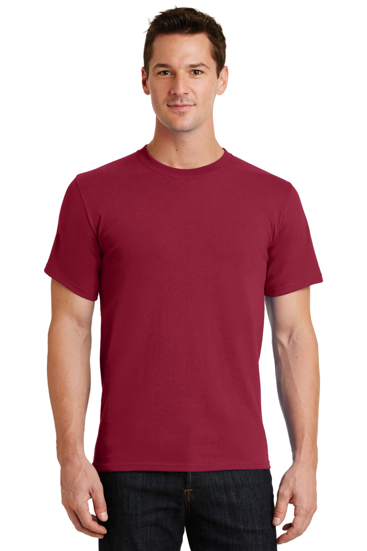 Front View of Rich Red Port & Co Essential Tee. PC61