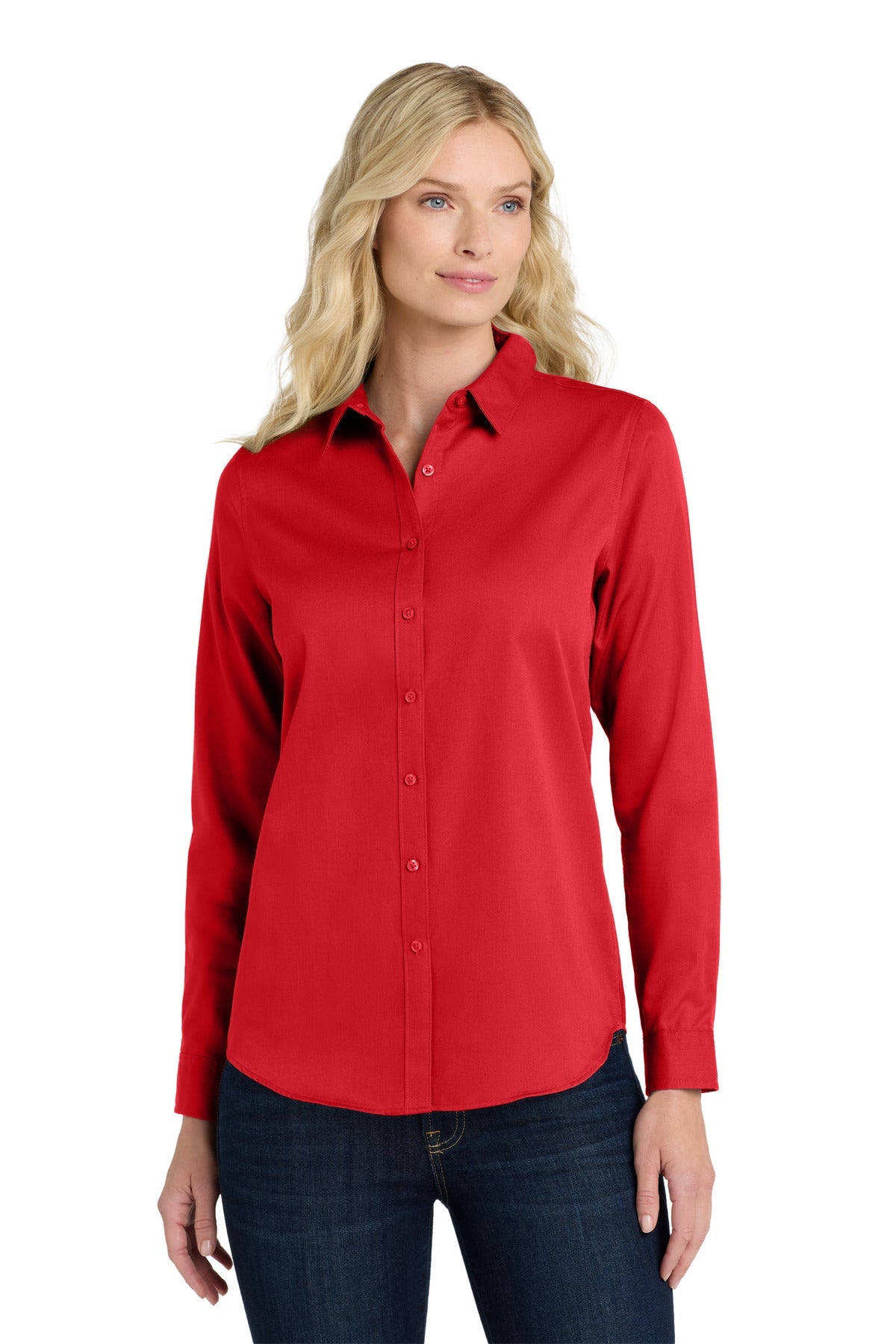 Front View of RichRed Port Authority Women's Long Sleeve SuperPro React Twill Shirt. LW808