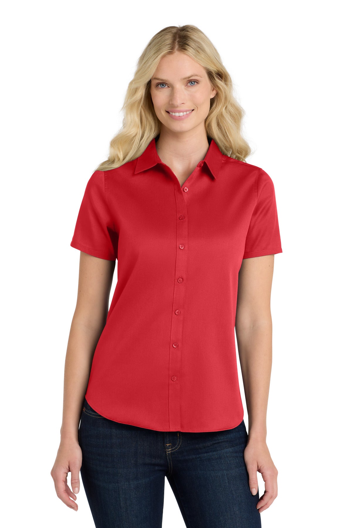 Front View of RichRed Port Authority Women's Short Sleeve SuperPro React Twill Shirt. LW809