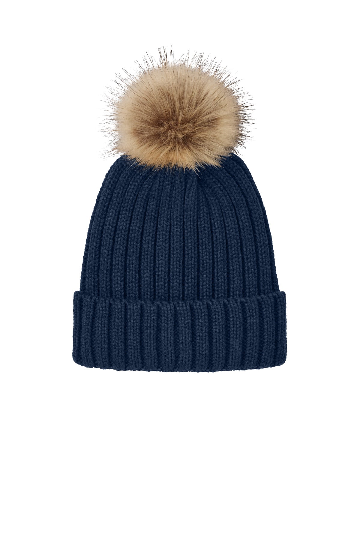 Front View of RiverBlNv Port Authority Faux Fur Pom Beanie C990