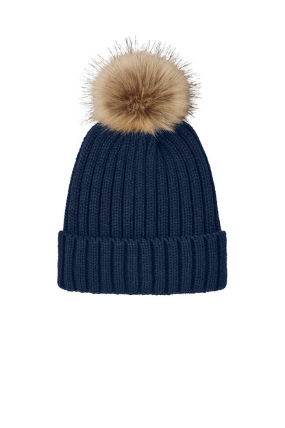 Front View of RiverBlNv Port Authority Faux Fur Pom Beanie C990