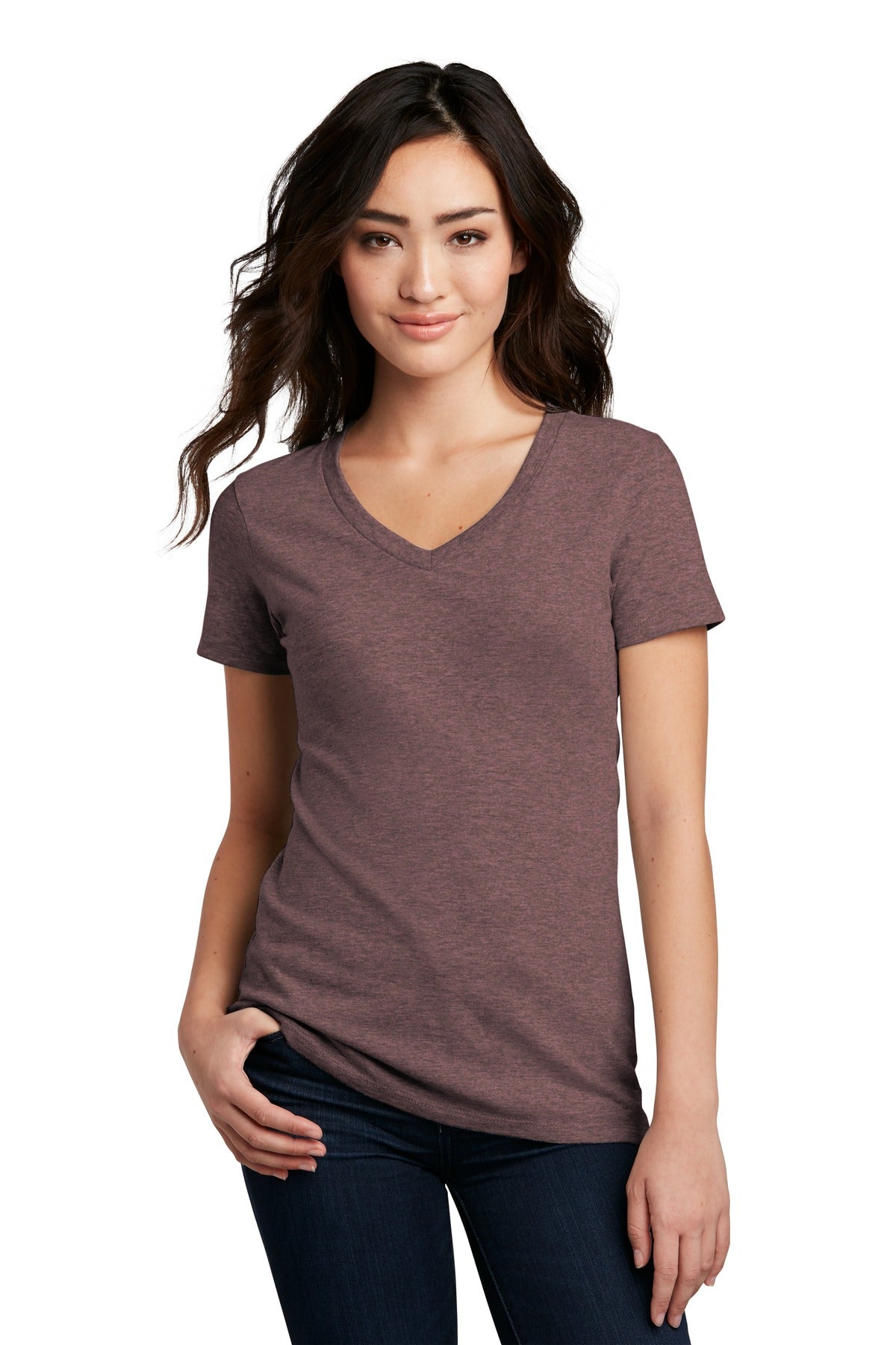 Front View of Rose Fleck District Women's Perfect Blend CVC V-Neck Tee. DM1190L