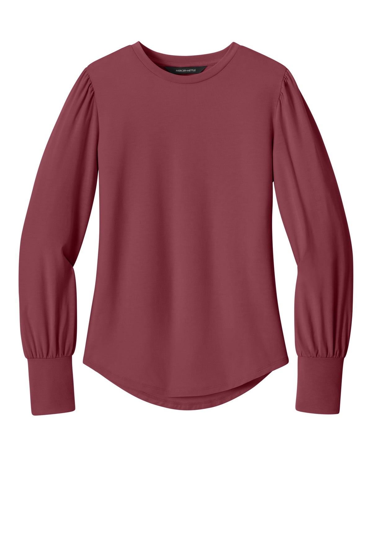 Front View of Rosewood Mercer+Mettle Women's Stretch Jersey Long Sleeve Blouson Top MM1019