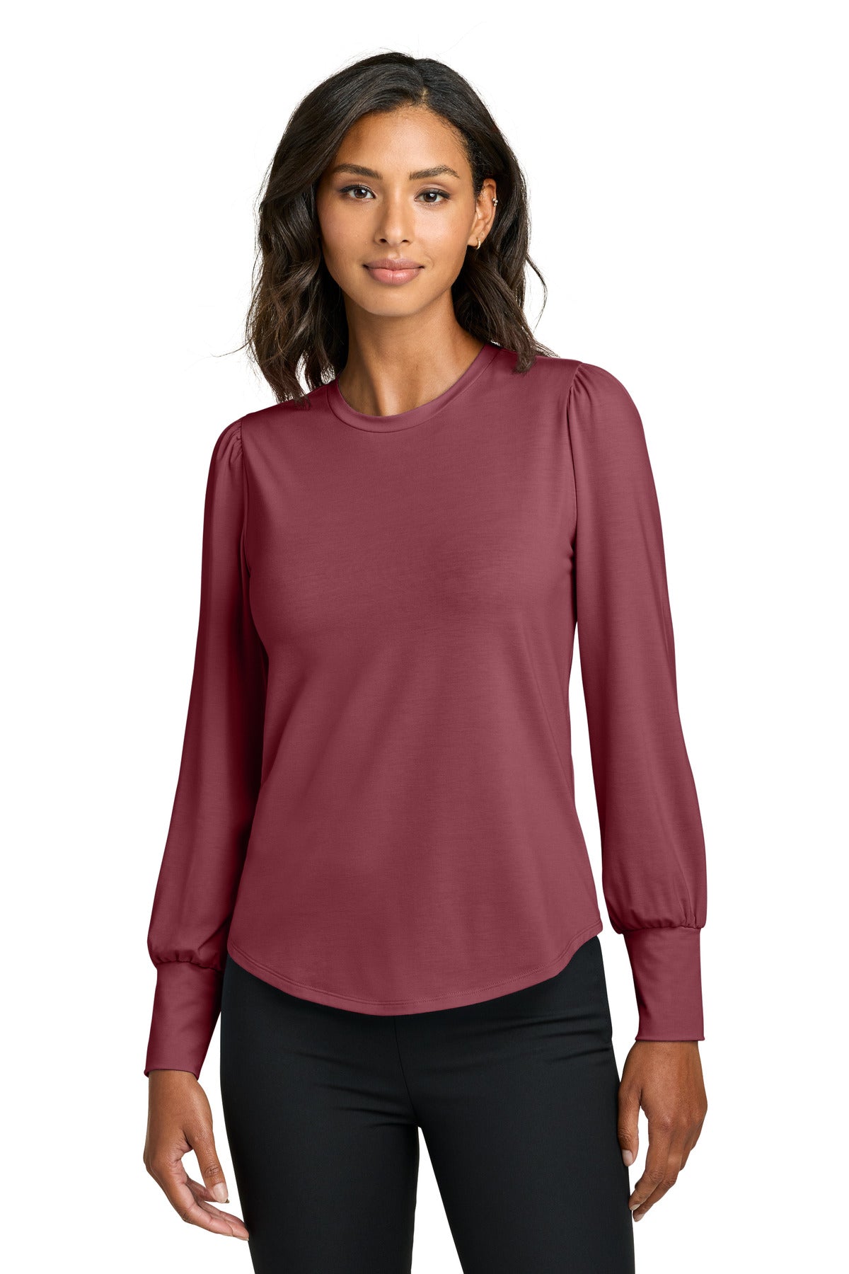 Front View of Rosewood Mercer+Mettle Women's Stretch Jersey Long Sleeve Blouson Top MM1019