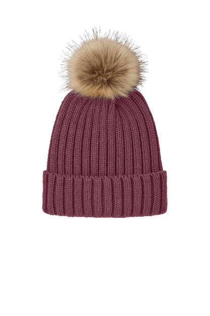 Front View of Rosewood Port Authority Faux Fur Pom Beanie C990