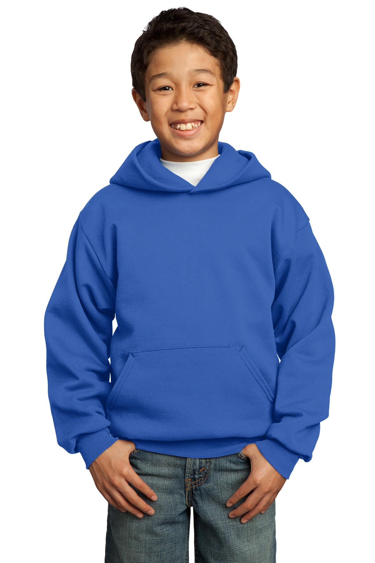 Front View of Royal Blue Port & Co Youth Core Fleece Pullover Hooded Sweatshirt. PC90YH