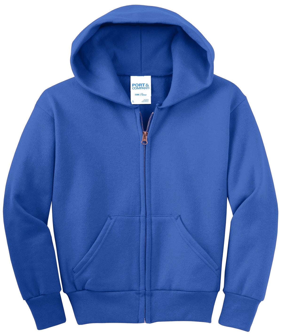 Front View of Royal Port & Co Youth Core Fleece Full-Zip Hooded Sweatshirt. PC90YZH