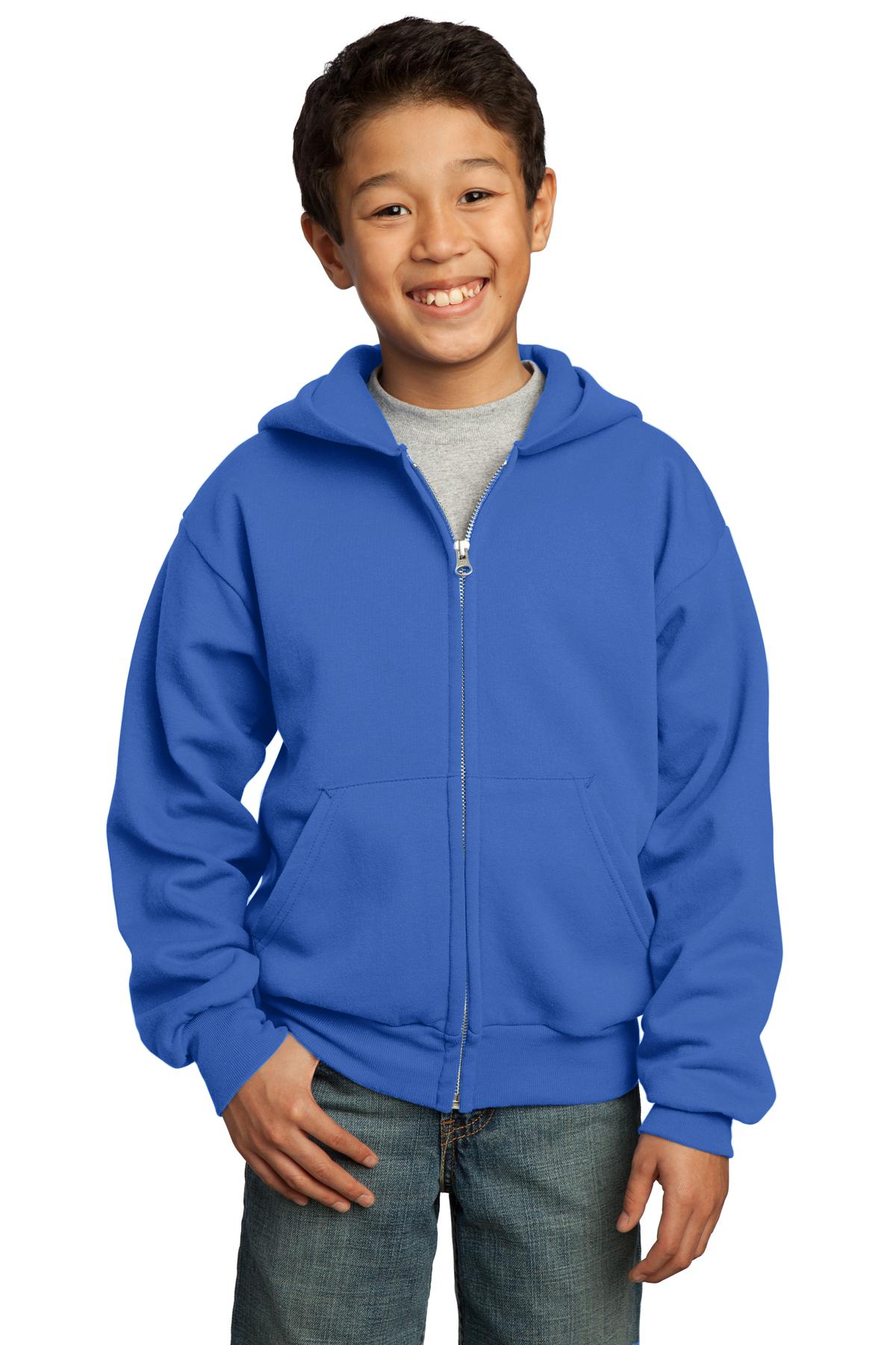 Front View of Royal Port & Co Youth Core Fleece Full-Zip Hooded Sweatshirt. PC90YZH