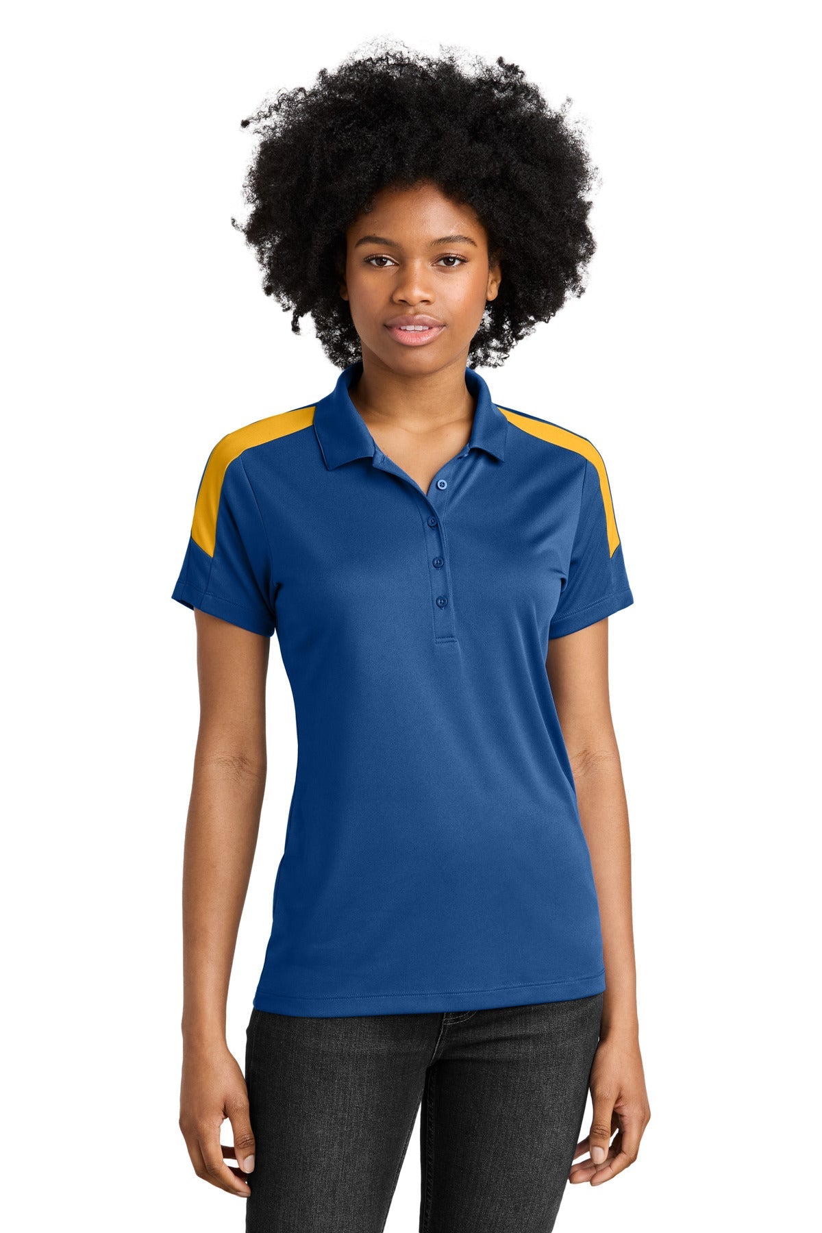 Front View of Royal/Gold Sport-Tek Women's Competitor United Polo LST104