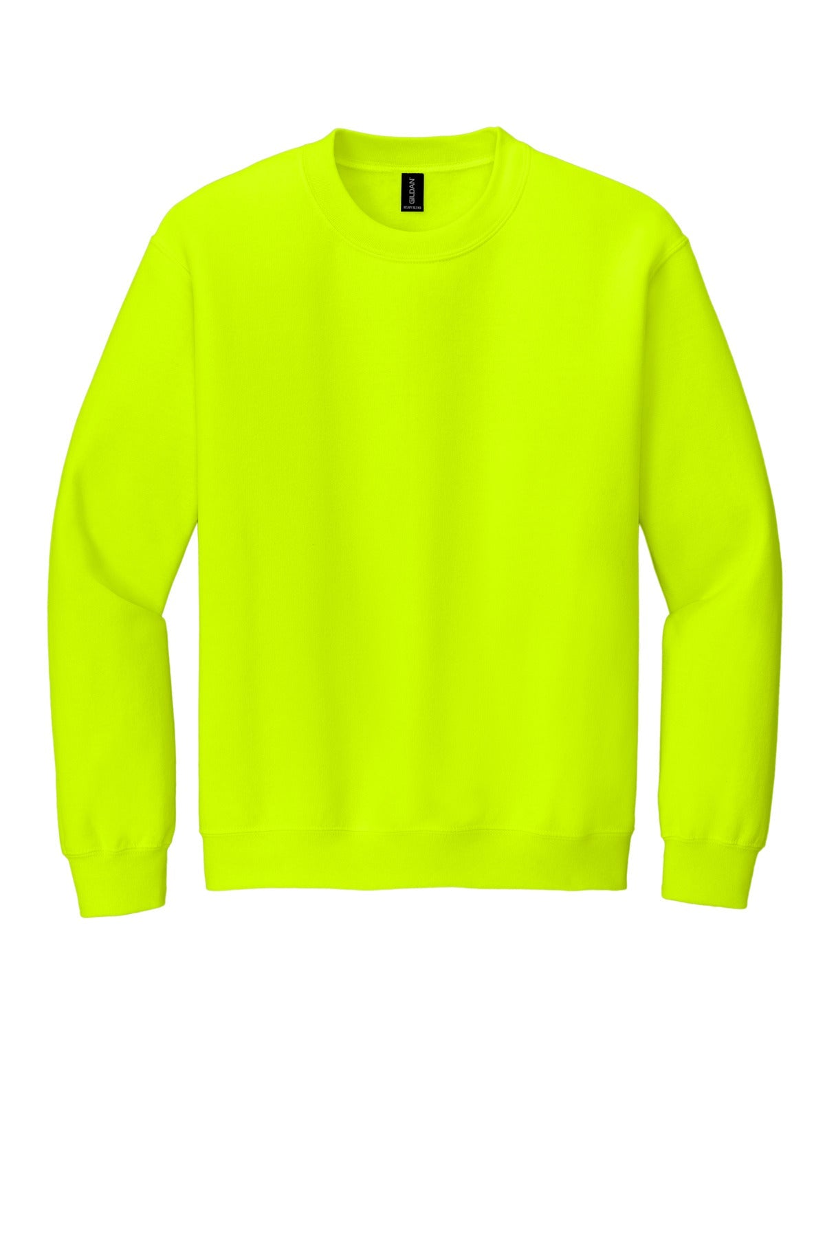 Front View of Safety Green Gildan Heavy Blend Crewneck Sweatshirt. 18000