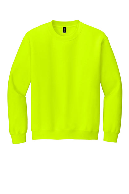 Front View of Safety Green Gildan Heavy Blend Crewneck Sweatshirt. 18000