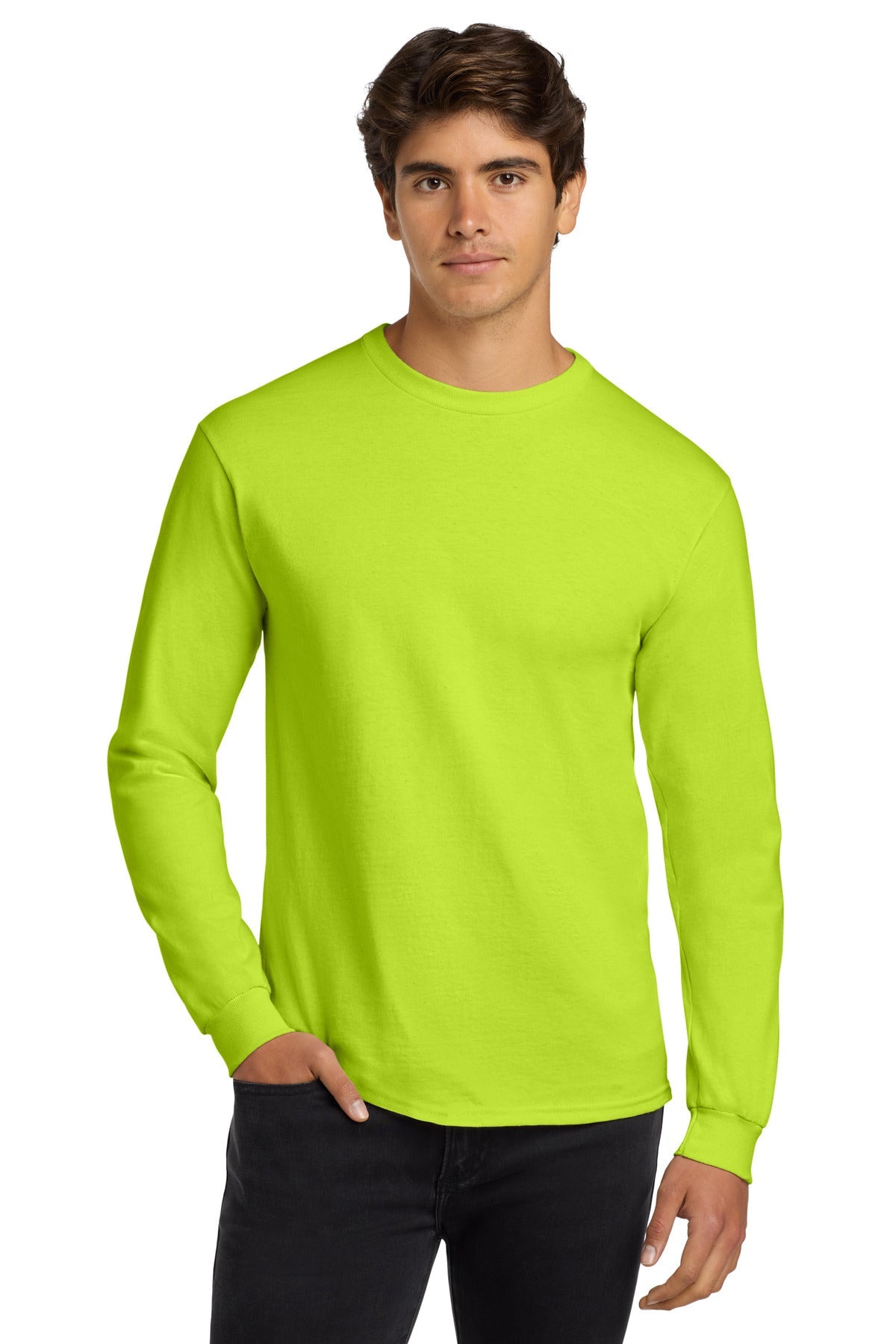 Front View of Safety Green Gildan - Ultra Cotton 100% US Cotton Long Sleeve T-Shirt. G2400