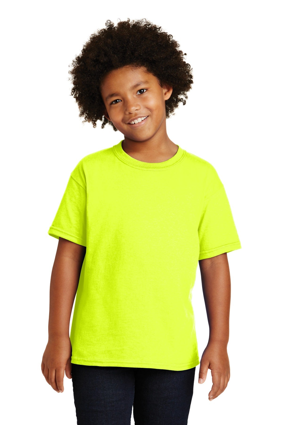 Front View of Safety Green Gildan - Youth Heavy Cotton 100% Cotton T-Shirt. 5000B