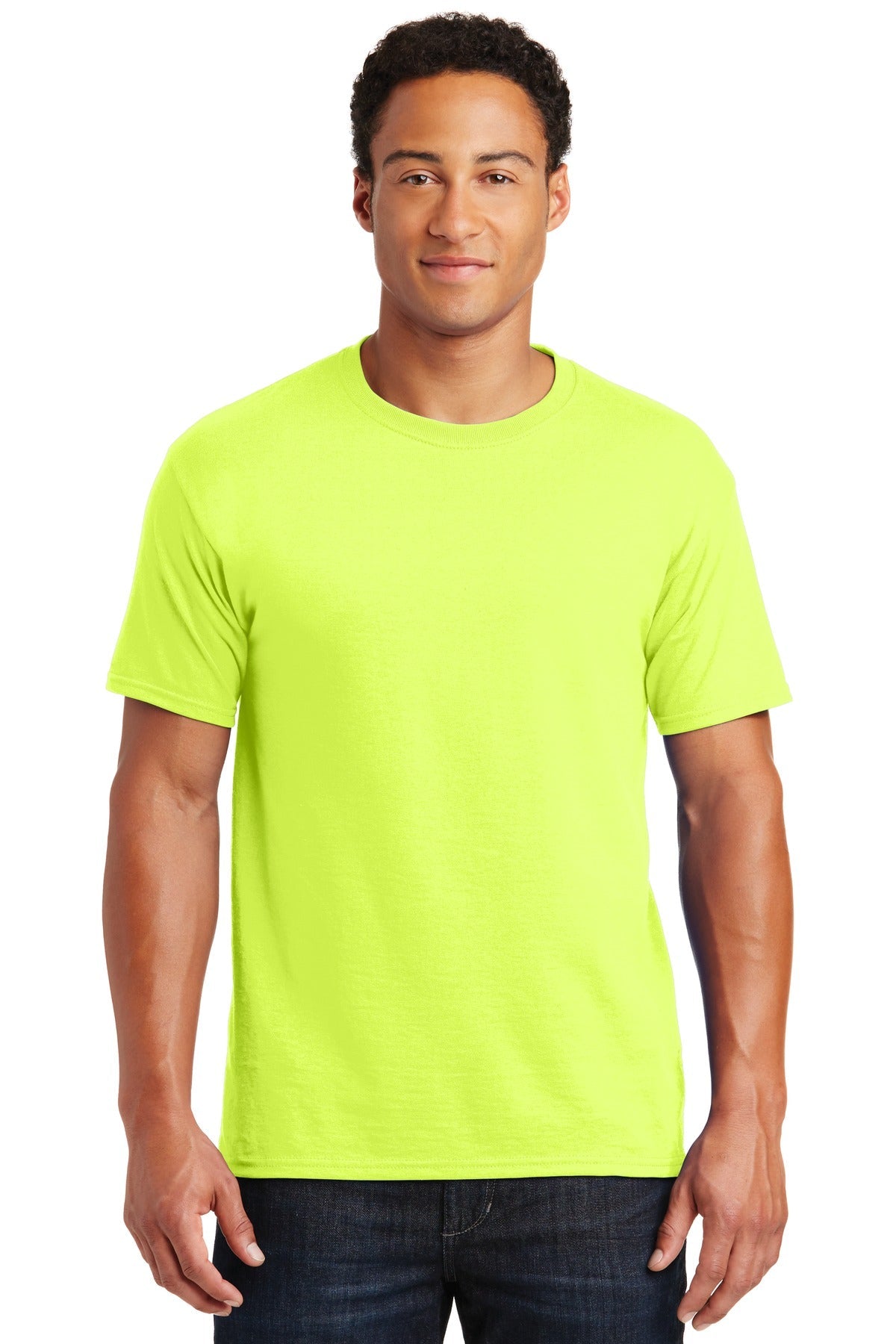 Front View of Safety Green Jerzees - Dri-Power 50/50 Cotton/Poly T-Shirt. 29M