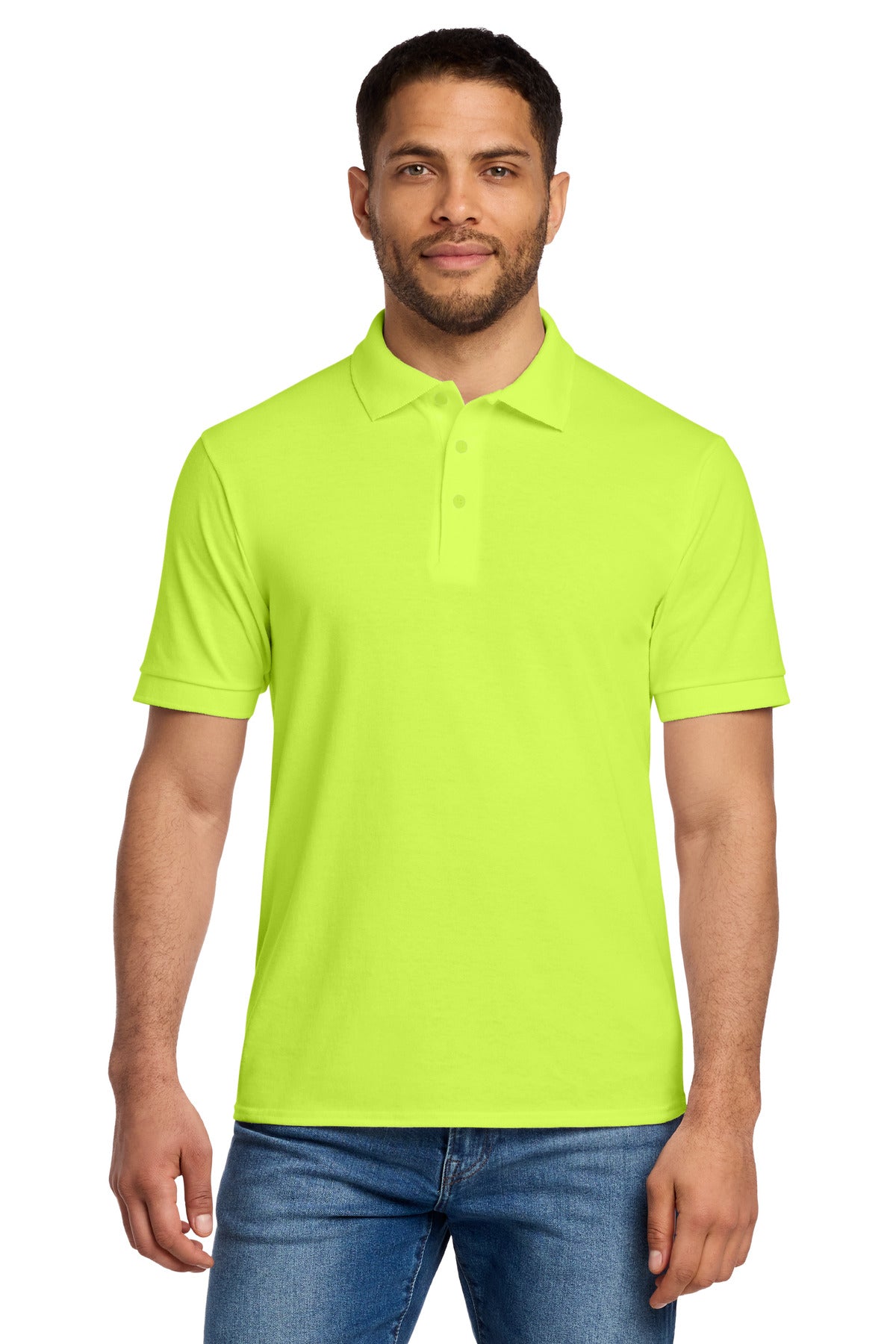 Front View of Safety Green Port & Co Core Blend Jersey Knit Polo. KP55