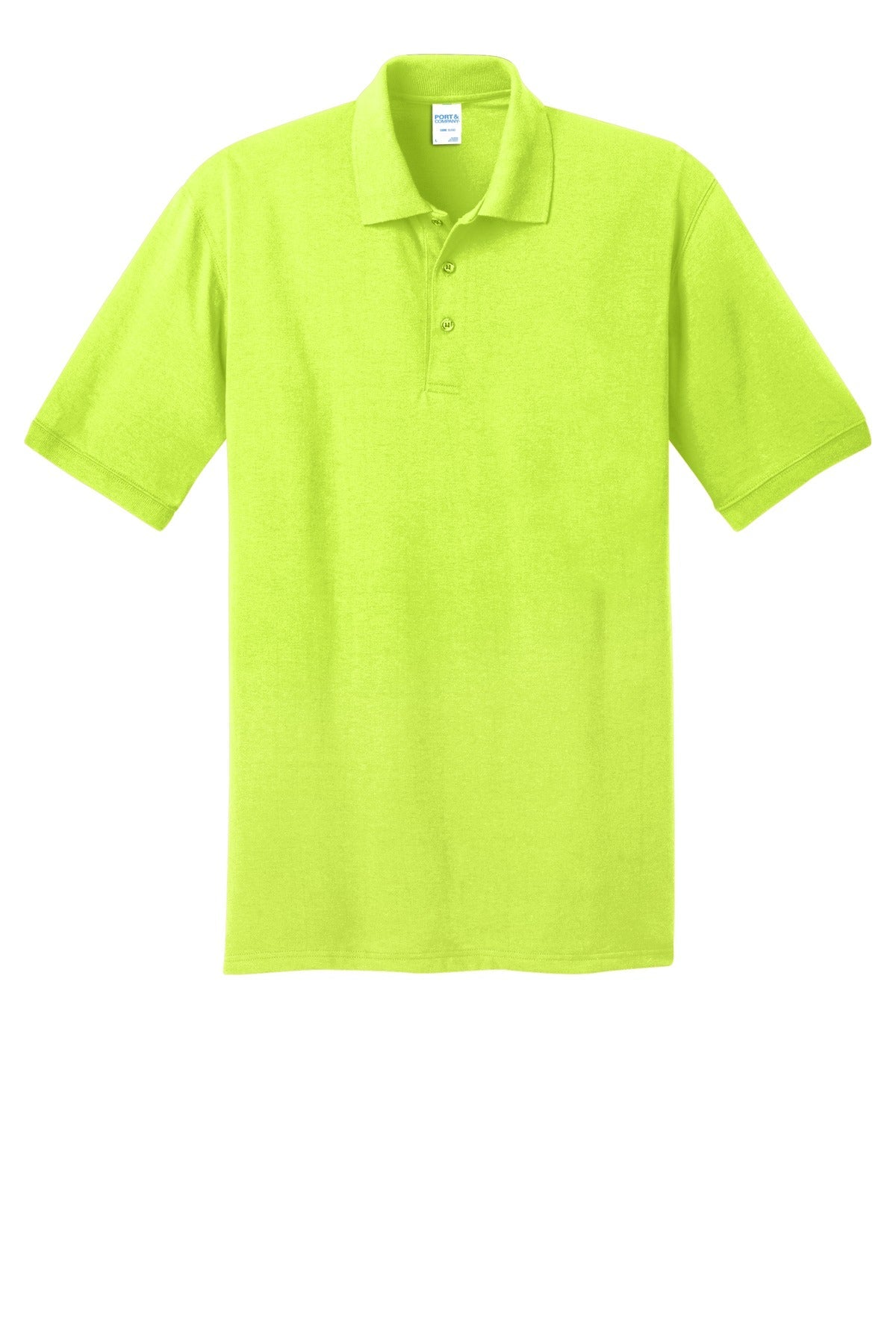 Front View of Safety Green Port & Co Core Blend Jersey Knit Polo. KP55