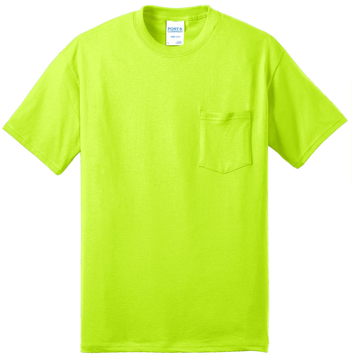 Front View of Safety Green Port & Co Core Blend Pocket Tee. PC55P