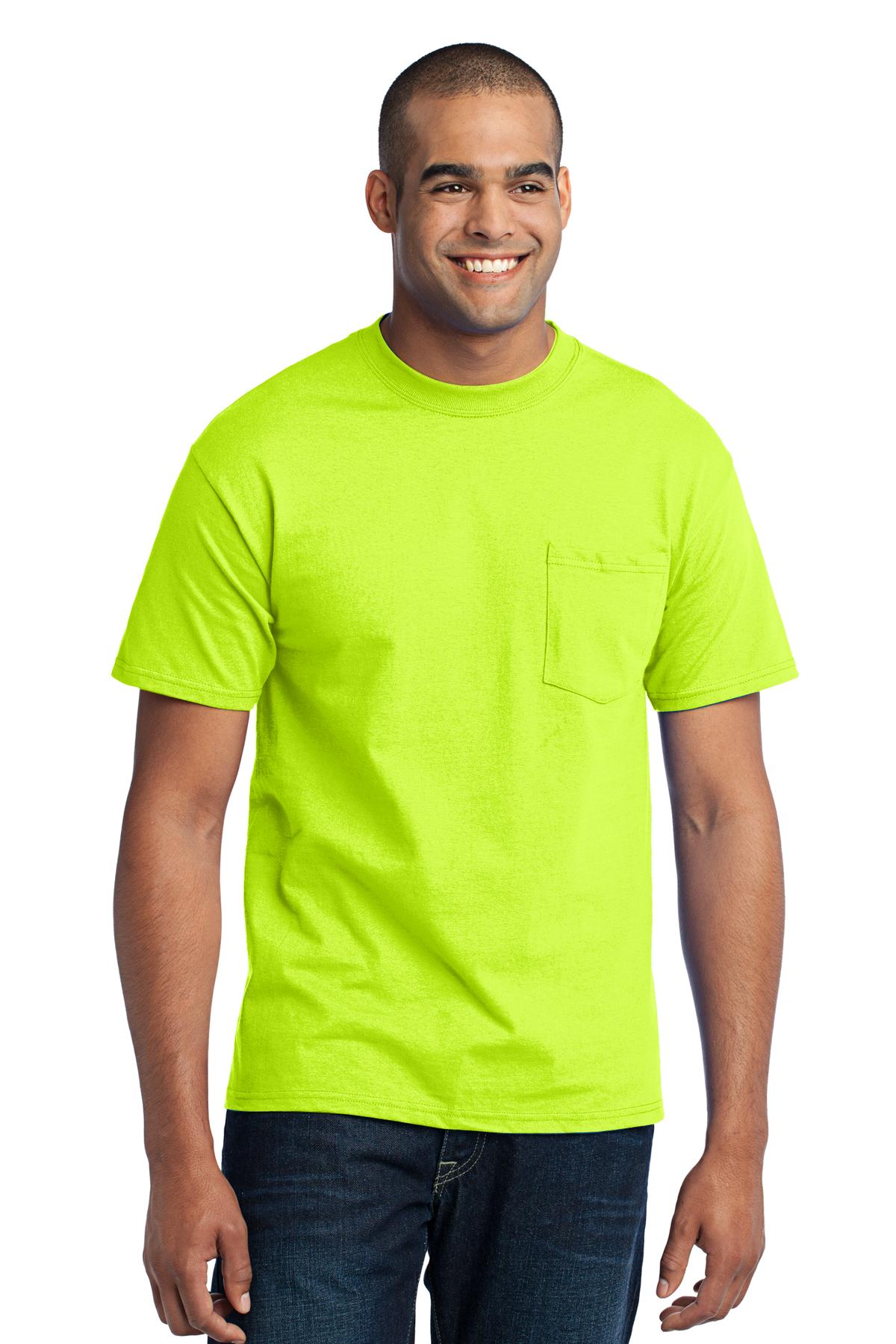 Front View of Safety Green Port & Co Core Blend Pocket Tee. PC55P