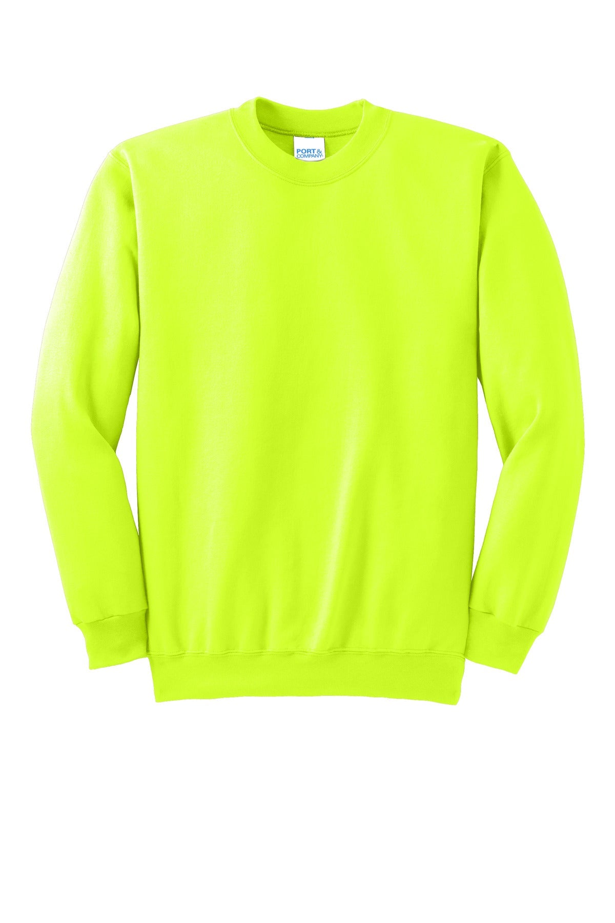 Front View of Safety Green Port & Co Essential Fleece Crewneck Sweatshirt. PC90