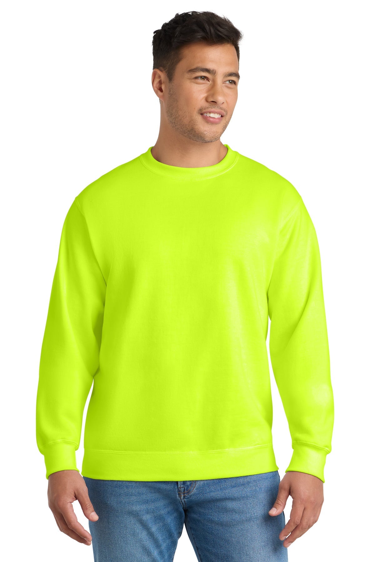 Front View of Safety Green Port & Co Essential Fleece Crewneck Sweatshirt. PC90
