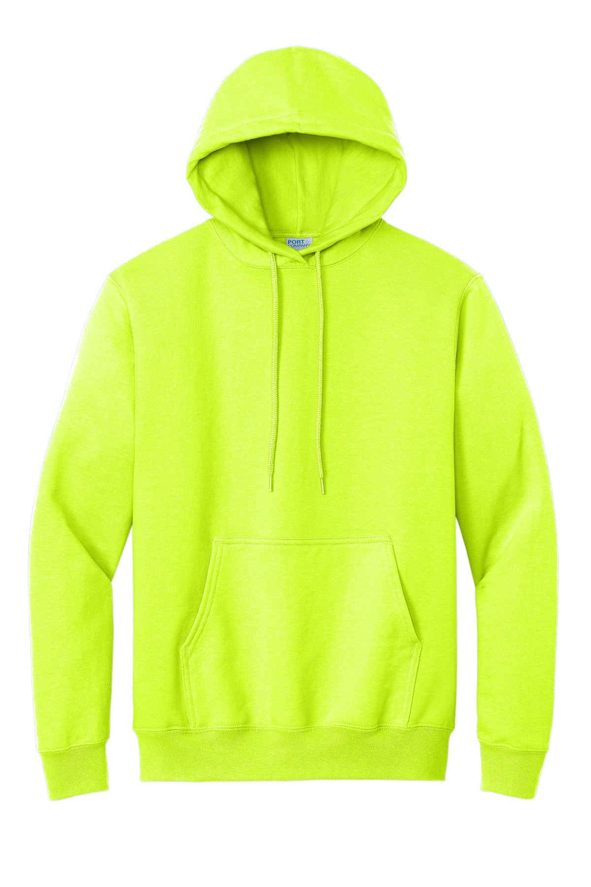 Front View of Safety Green Port & Co Essential Fleece Pullover Hooded Sweatshirt. PC90H
