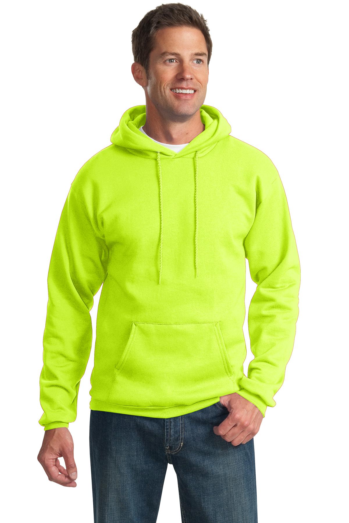 Front View of Safety Green Port & Co Essential Fleece Pullover Hooded Sweatshirt. PC90H
