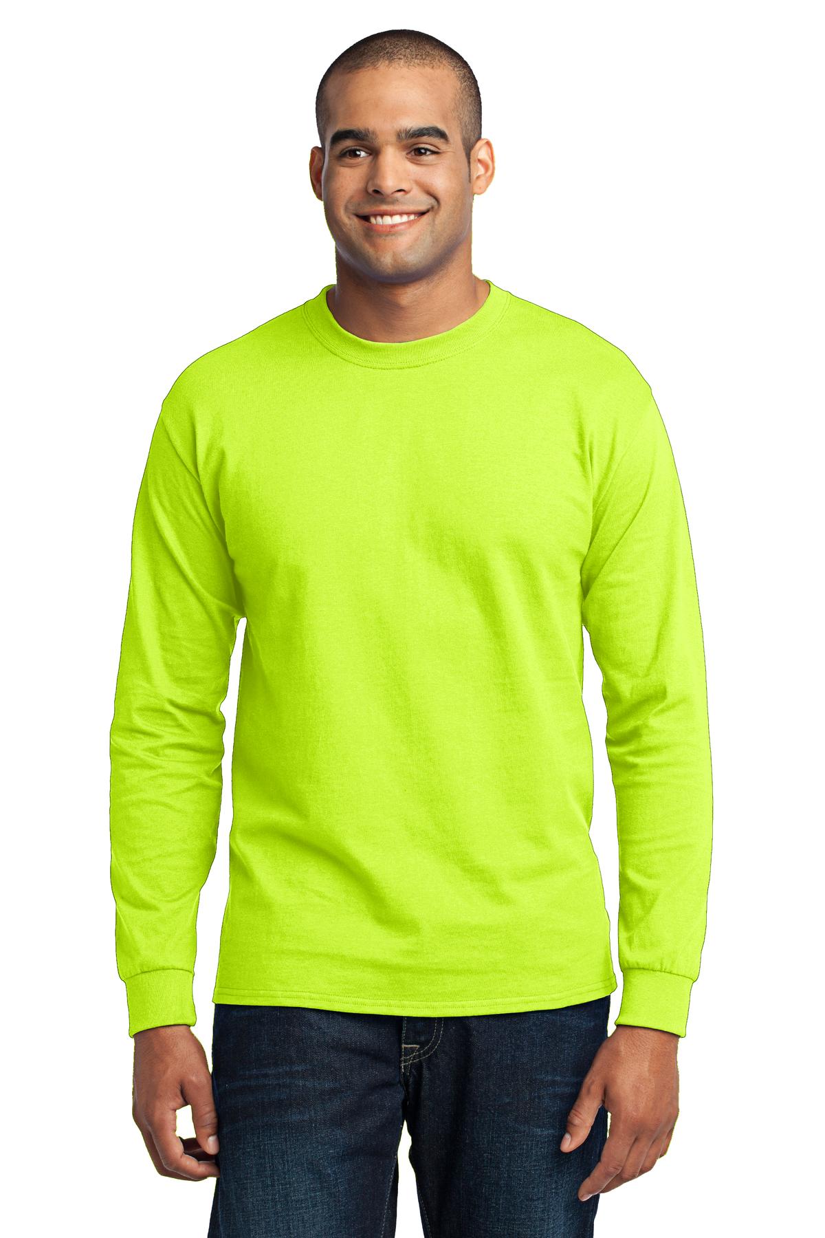 Front View of Safety Green Port & Co Long Sleeve Core Blend Tee. PC55LS