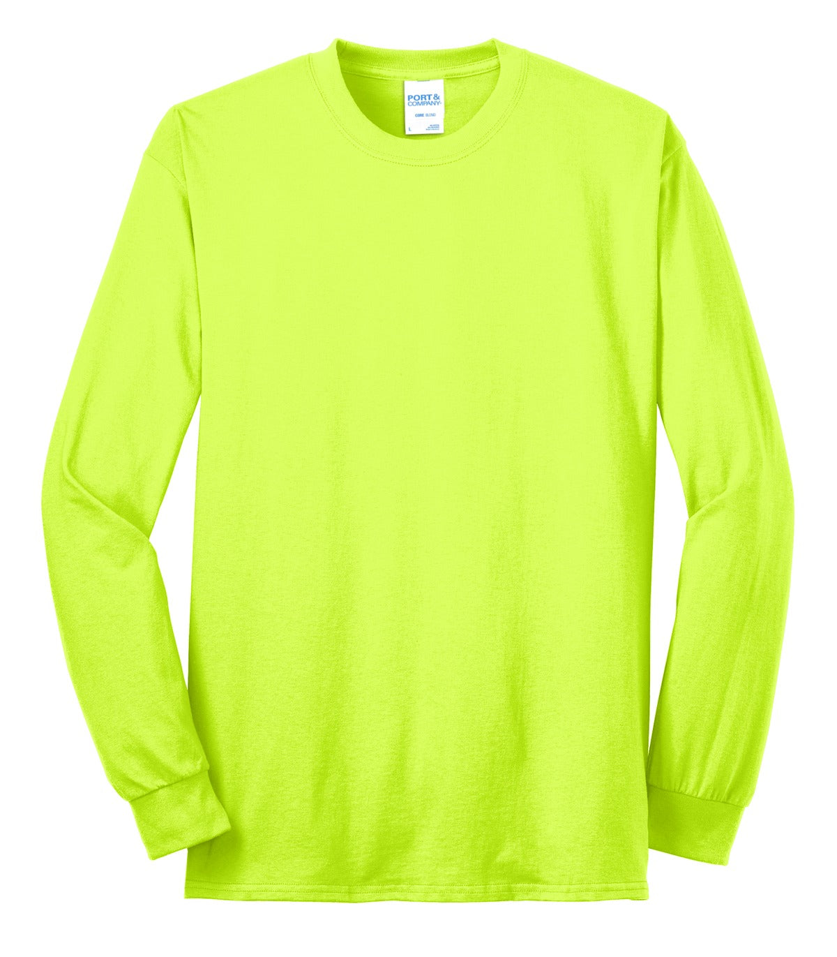 Front View of Safety Green Port & Co Long Sleeve Core Blend Tee. PC55LS