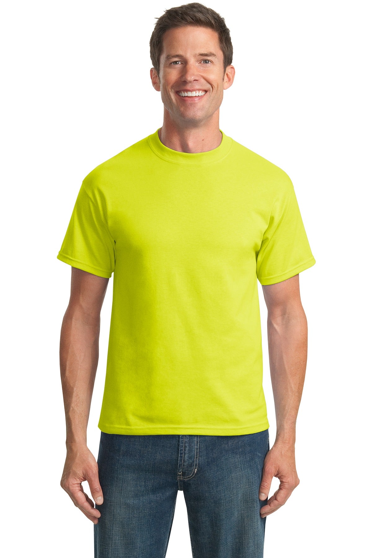 Front View of Safety Green Port & Co Tall Core Blend Tee. PC55T