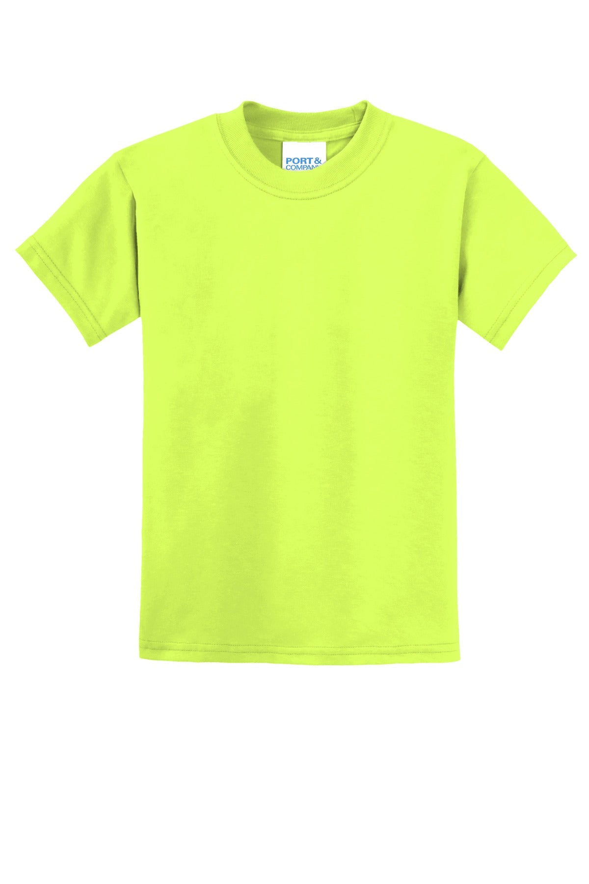 Front View of Safety Green Port & Co Youth Core Blend Tee. PC55Y