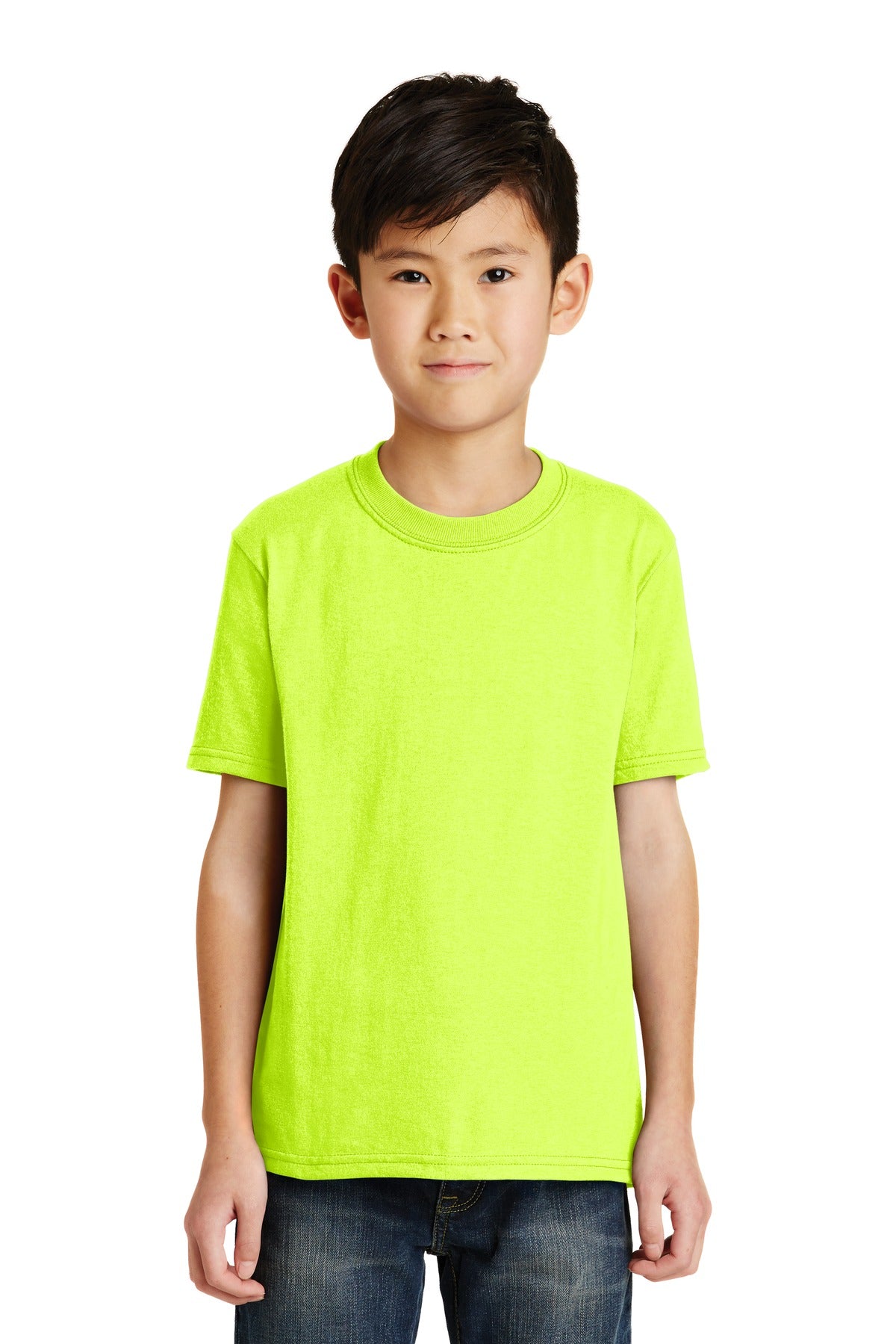 Front View of Safety Green Port & Co Youth Core Blend Tee. PC55Y