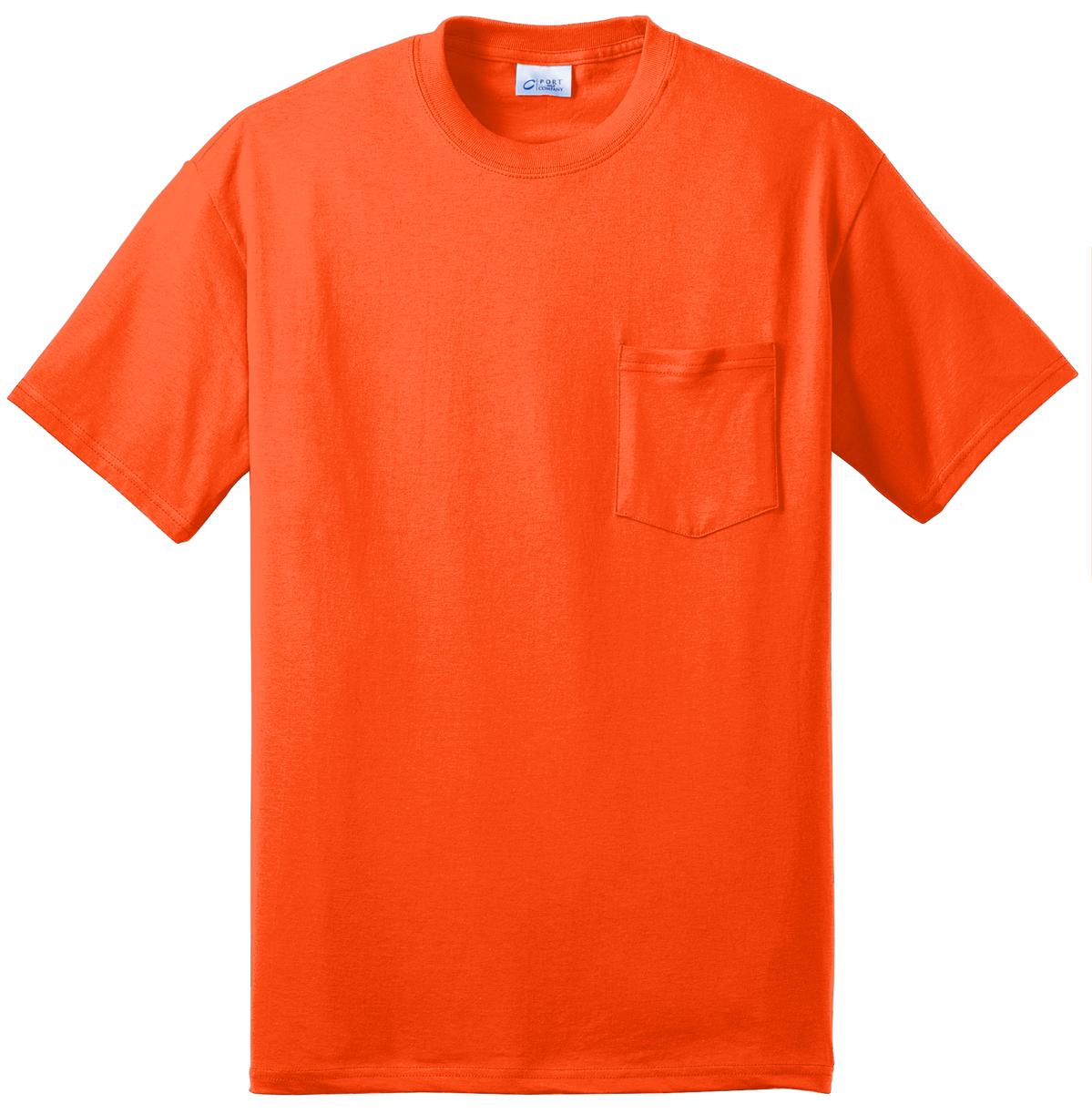 Front View of Safety Orange Port & Co Core Blend Pocket Tee. PC55P