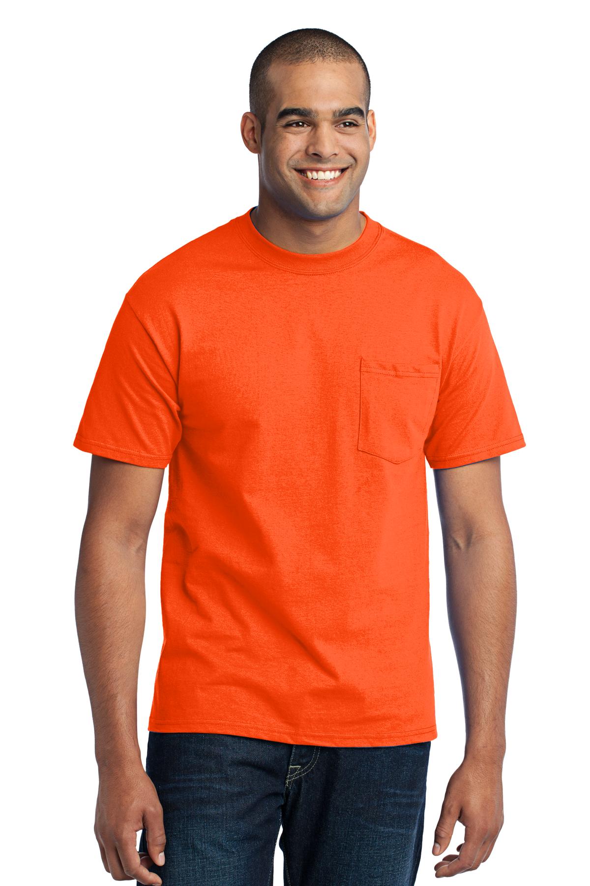 Front View of Safety Orange Port & Co Core Blend Pocket Tee. PC55P