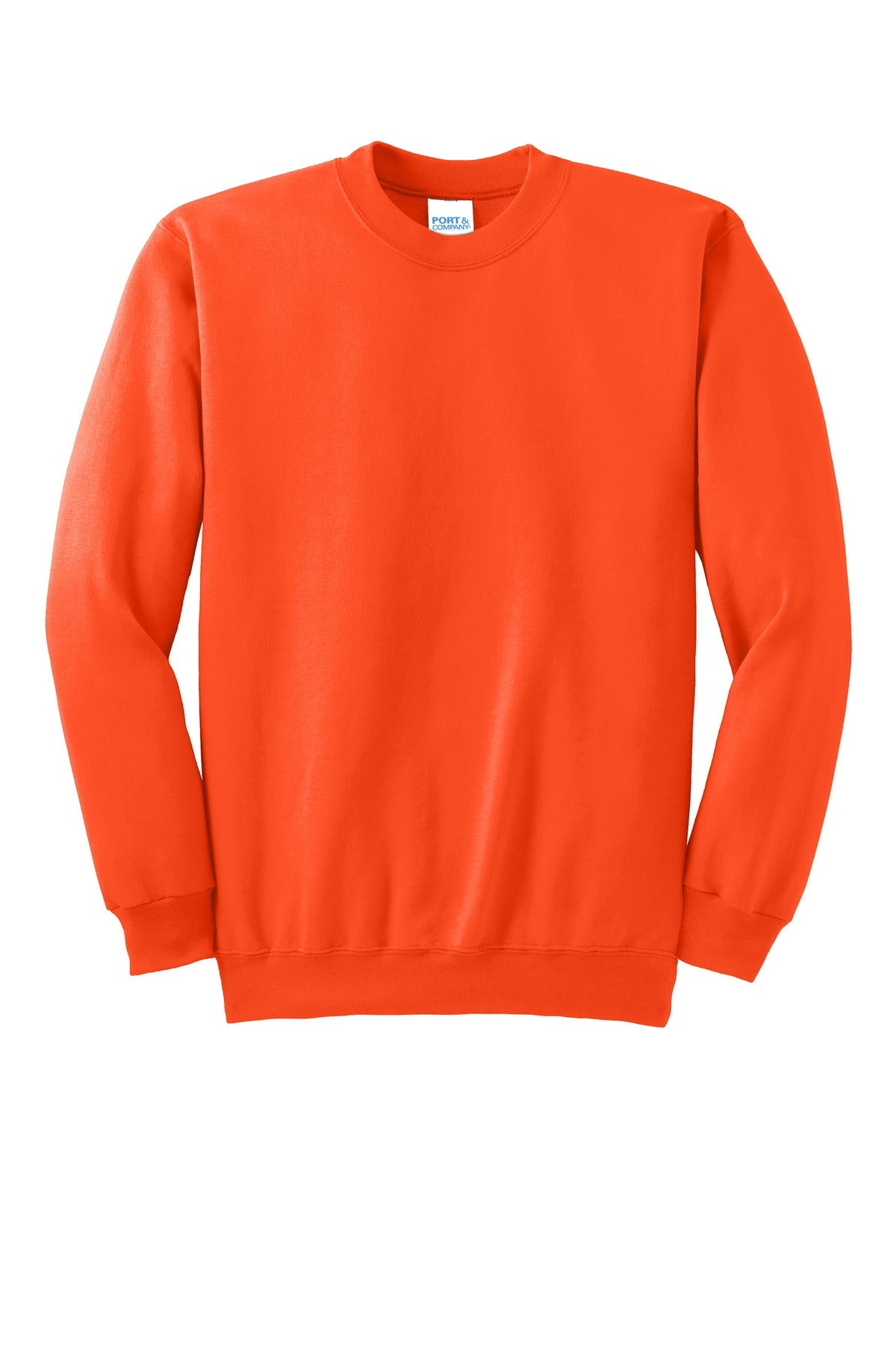 Front View of Safety Orange Port & Co Essential Fleece Crewneck Sweatshirt. PC90
