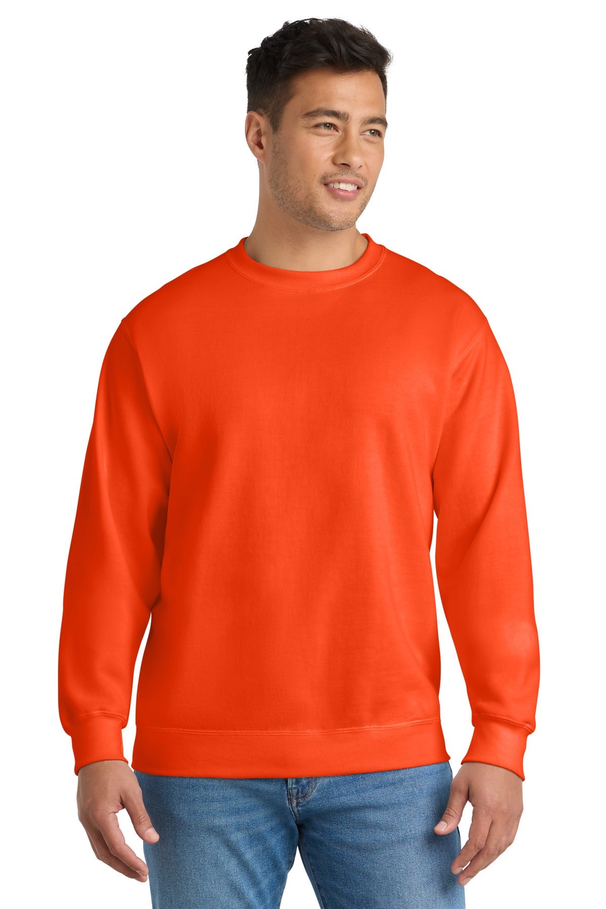 Front View of Safety Orange Port & Co Essential Fleece Crewneck Sweatshirt. PC90