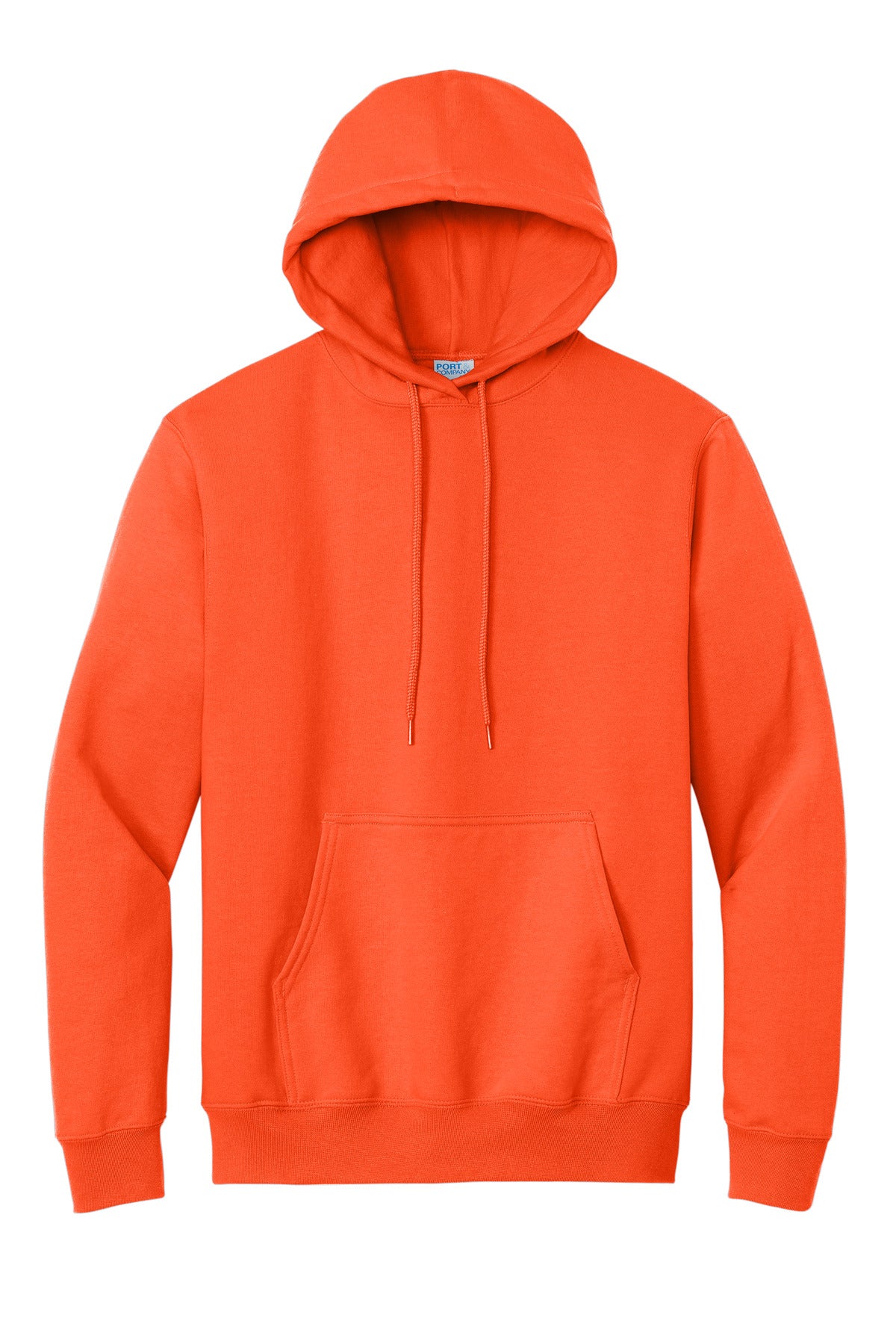 Front View of Safety Orange Port & Co Essential Fleece Pullover Hooded Sweatshirt. PC90H