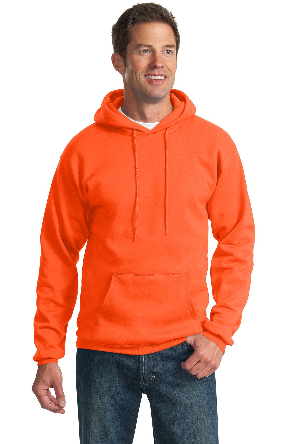 Front View of Safety Orange Port & Co Essential Fleece Pullover Hooded Sweatshirt. PC90H