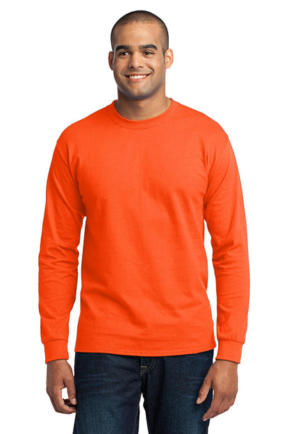 Front View of Safety Orange Port & Co Long Sleeve Core Blend Tee. PC55LS