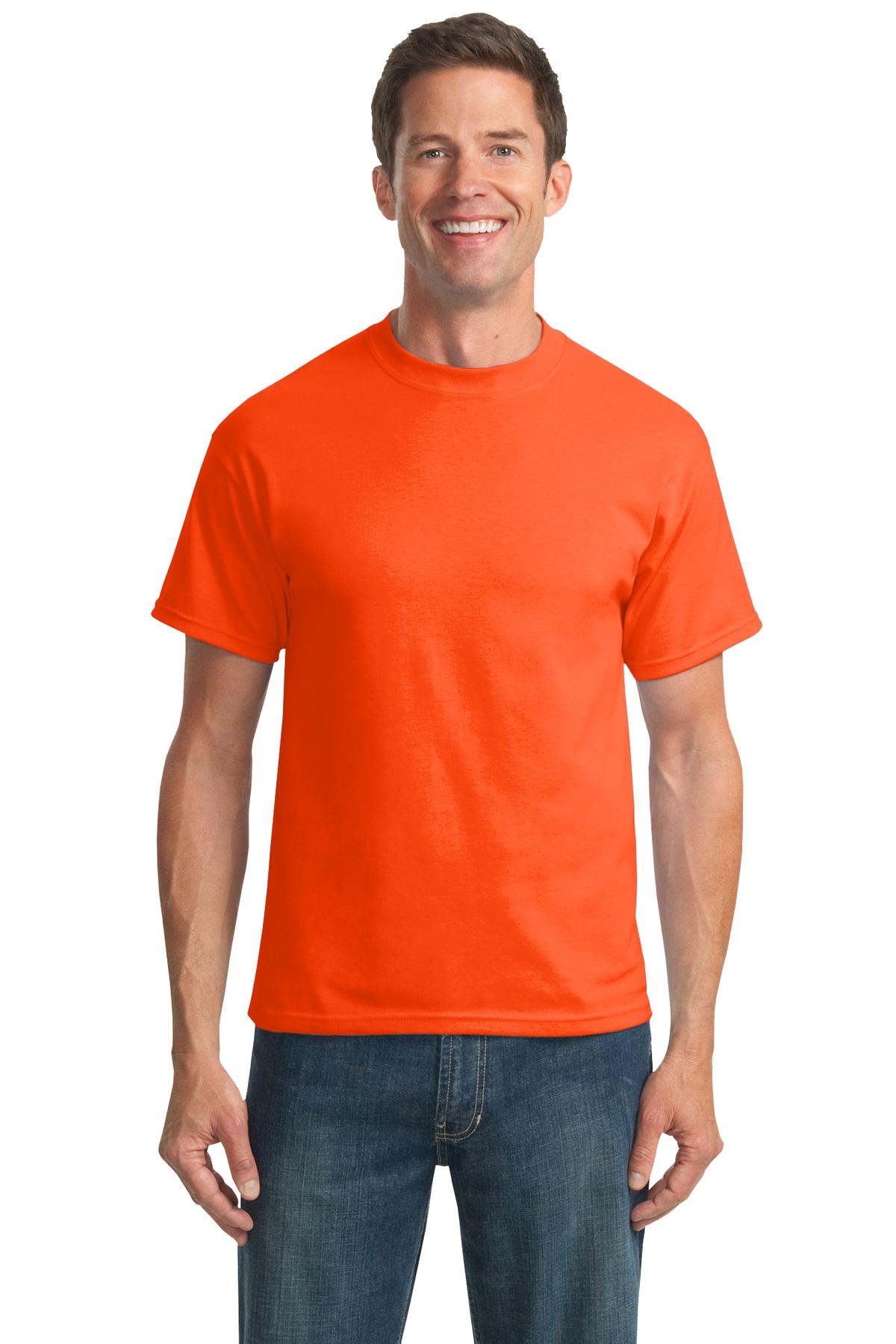Front View of Safety Orange Port & Co Tall Core Blend Tee. PC55T