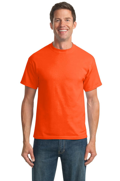 Front View of Safety Orange Port & Co Tall Core Blend Tee. PC55T