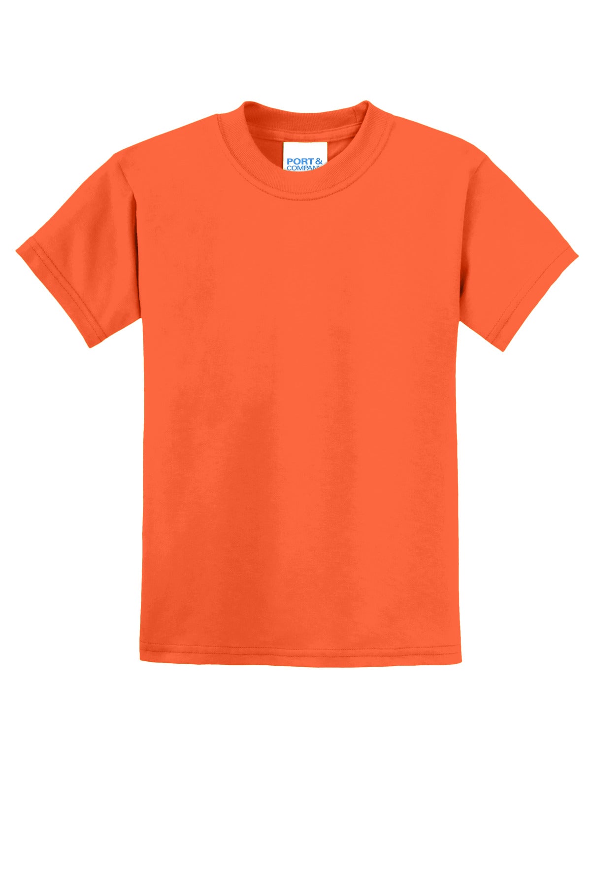 Front View of Safety Orange Port & Co Youth Core Blend Tee. PC55Y