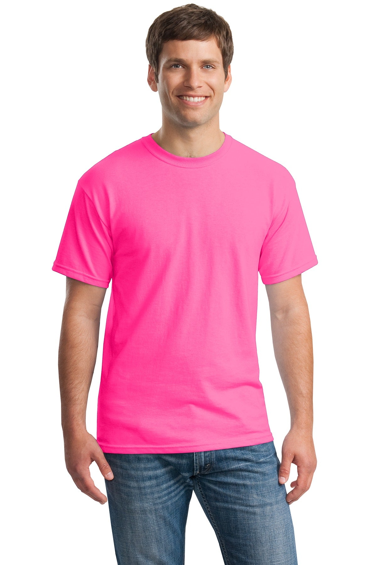 Front View of Safety Pink Gildan - Heavy Cotton 100% Cotton T-Shirt. 5000