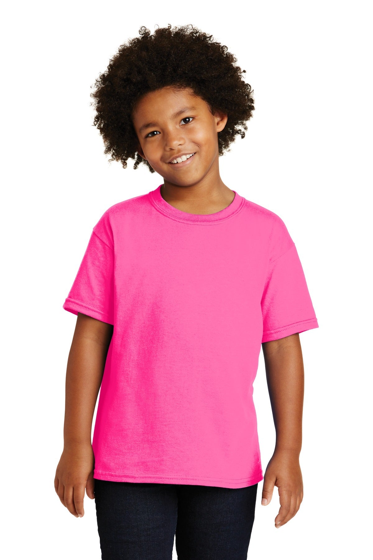 Front View of Safety Pink Gildan - Youth Heavy Cotton 100% Cotton T-Shirt. 5000B