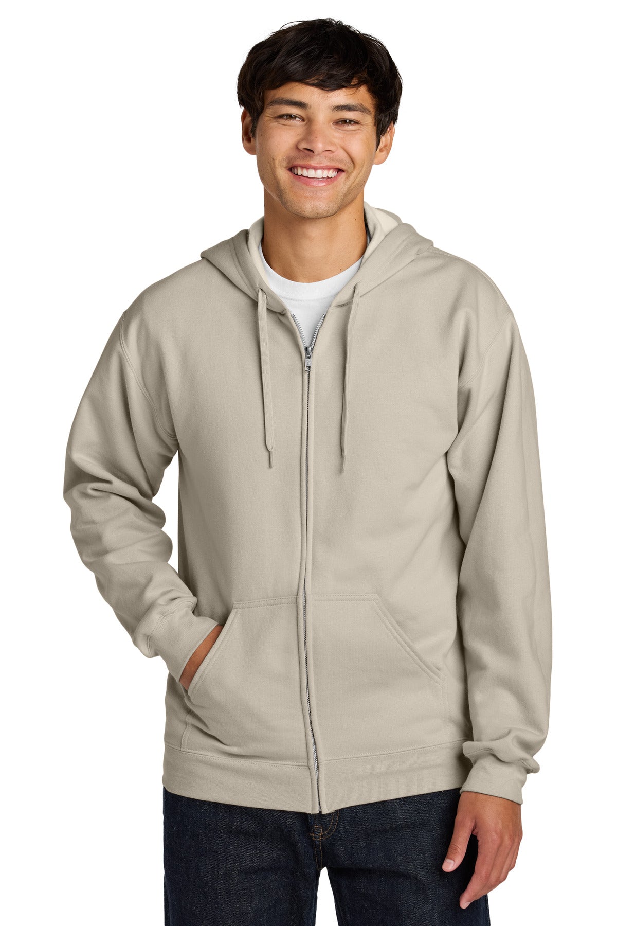 Front View of Sand Gildan Softstyle Midweight Fleece Full-Zip Hooded Sweatshirt SF600