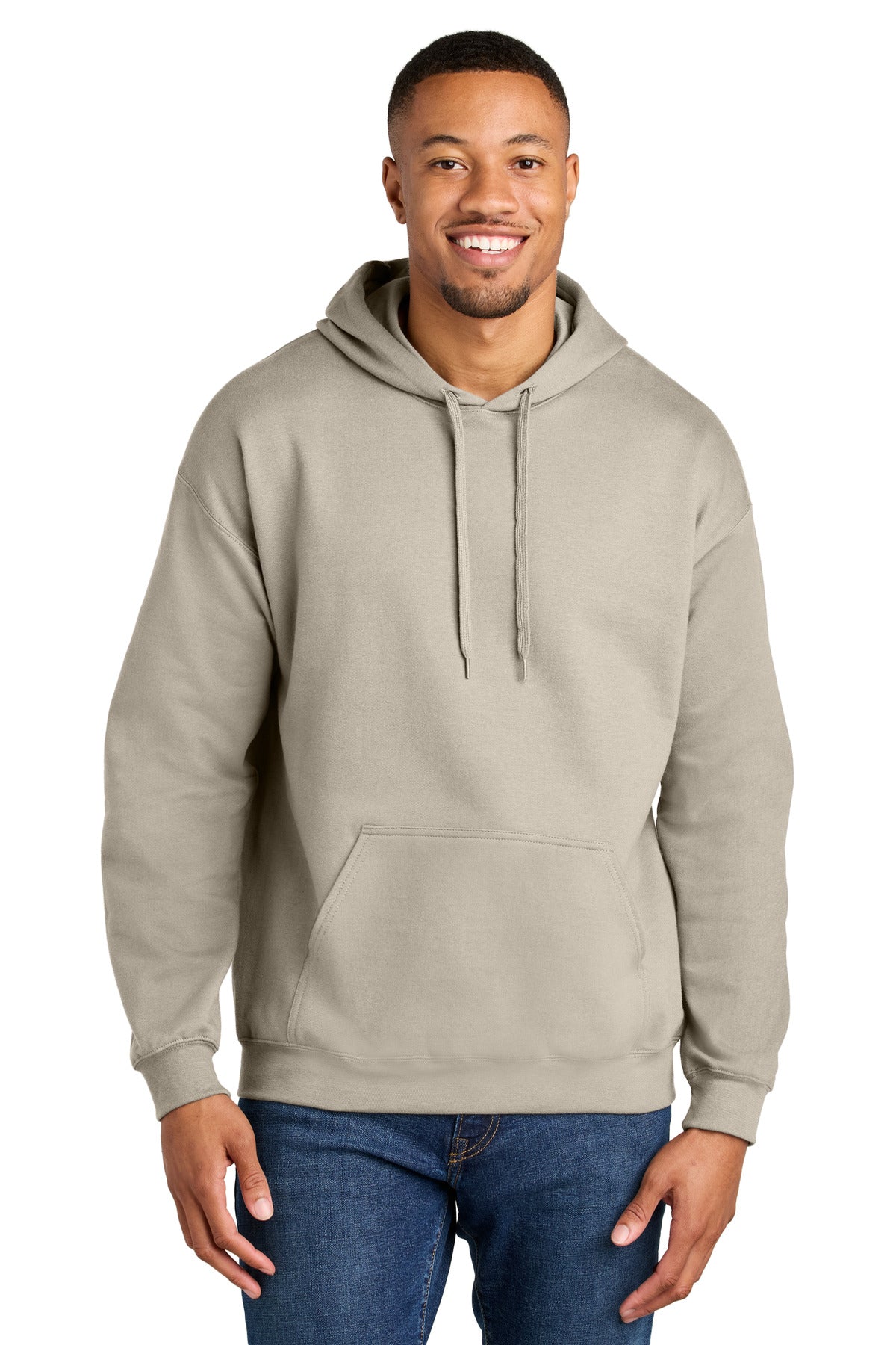 Front View of Sand Gildan Softstyle Midweight Pullover Hooded Sweatshirt SF500