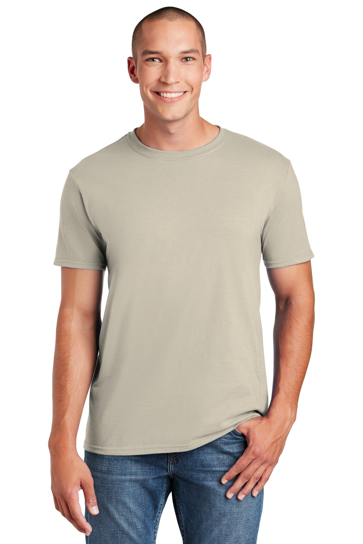 Front View of Sand Gildan Softstyle T-Shirt. 64000