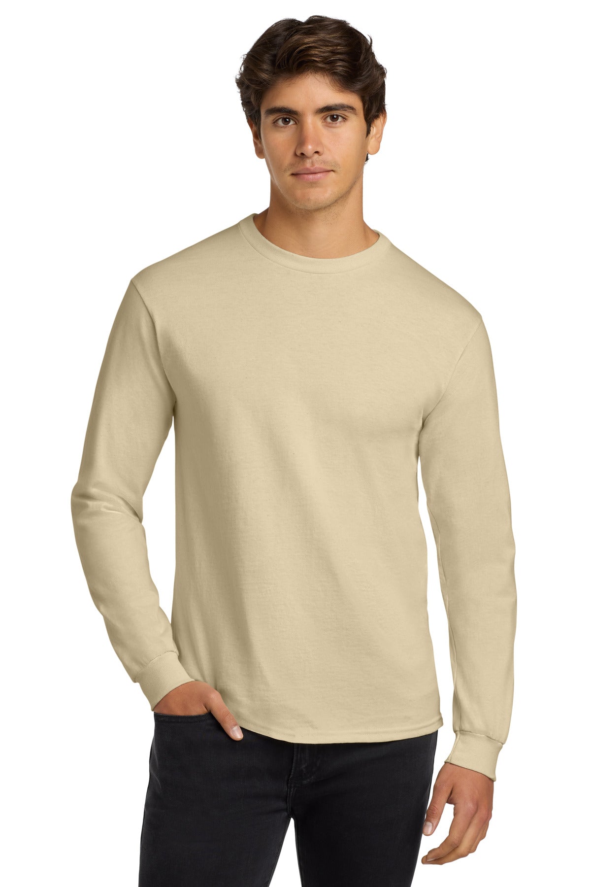 Front View of Sand Gildan - Ultra Cotton 100% US Cotton Long Sleeve T-Shirt. G2400